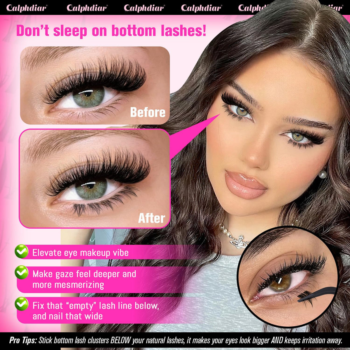 Transform your look with Calphdiar Bottom Lash Clusters. Elevate your eye makeup with stunning, fuller lashes for a captivating gaze.
