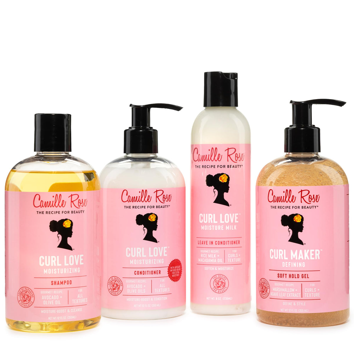 A set of Camille Rose hair care products, featuring Curl Love Moisturizing Shampoo, Conditioner, Leave-In Milk, and Curl Maker Gel.