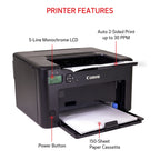 Canon imageCLASS LBP122dw printer showcases official packaging, emphasizing auto 2-sided print and 150-sheet capacity. Available at Curat Cart.
