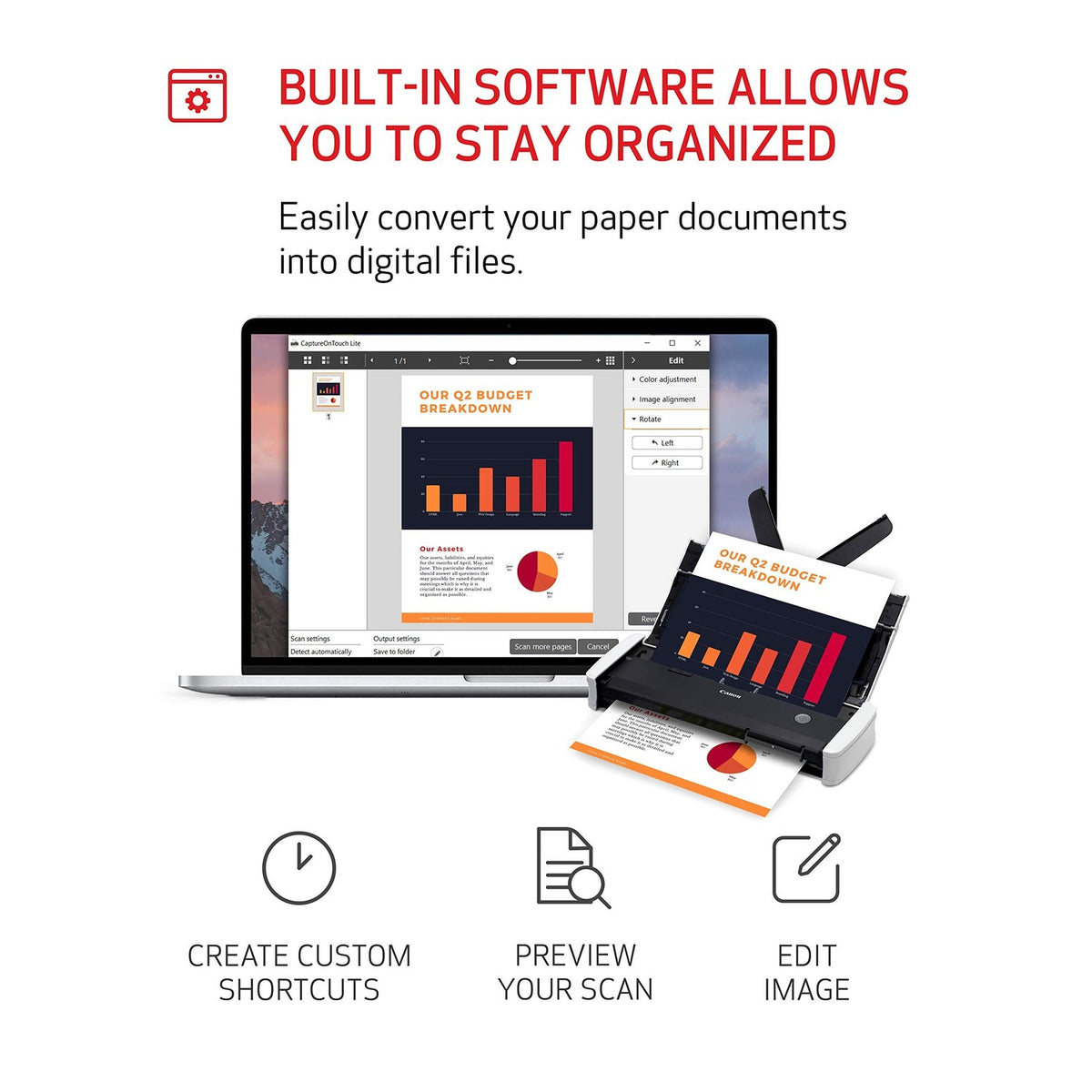 The Canon imageFORMULA R10 Portable Scanner showcases high-quality packaging, designed for easy conversion of documents into digital files. Available at Curat Cart.