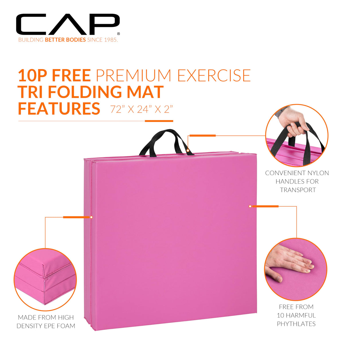 CAP Barbell Folding Exercise Mat in vibrant pink, made from high-density EPE foam, packaged with convenient transport handles. Available at Curat Cart.