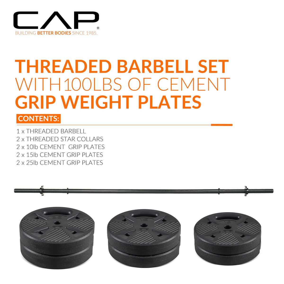 CAP Threaded Barbell Set with 100lbs of cement grip weight plates. 100% Authentic, Available in India at Curat Cart.
