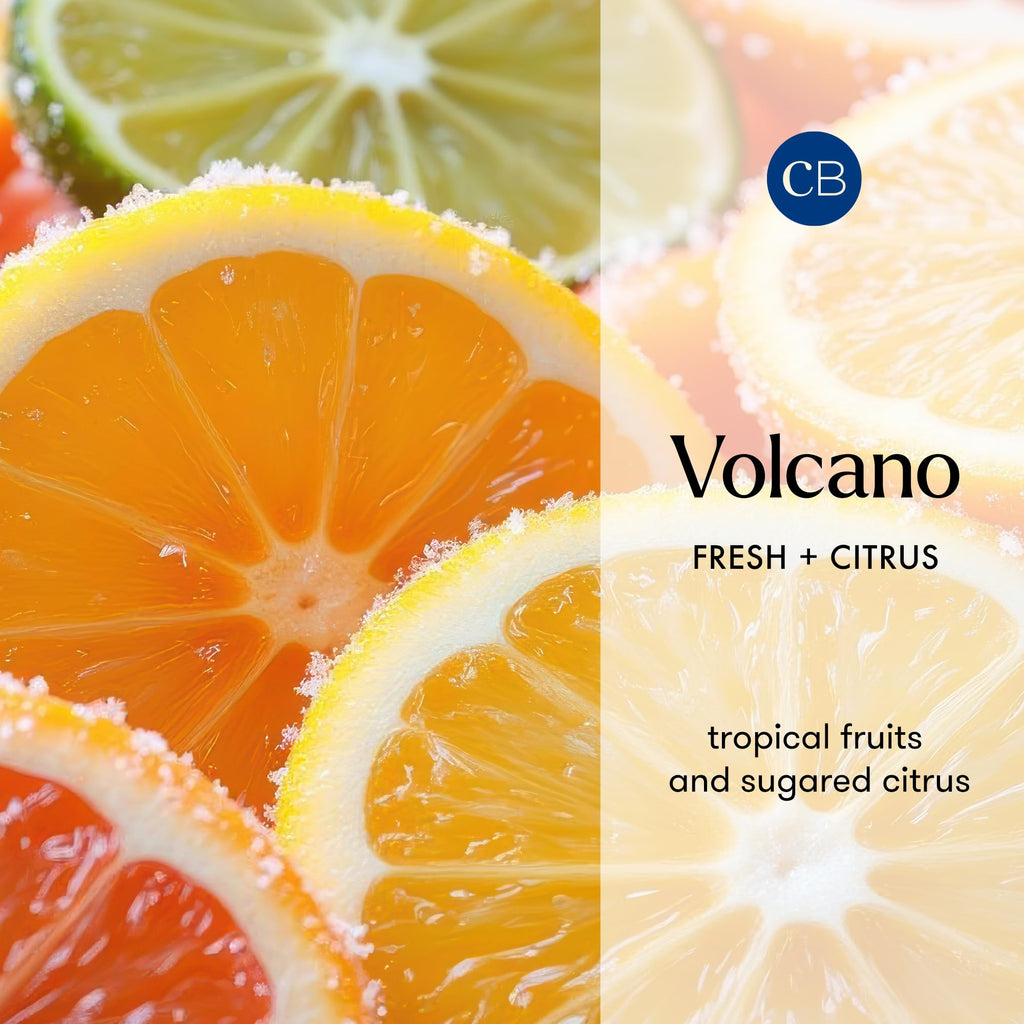 Capri Blue Volcano Laundry Fragrance features fresh tropical fruits and sugared citrus in high-quality packaging at Curat Cart.