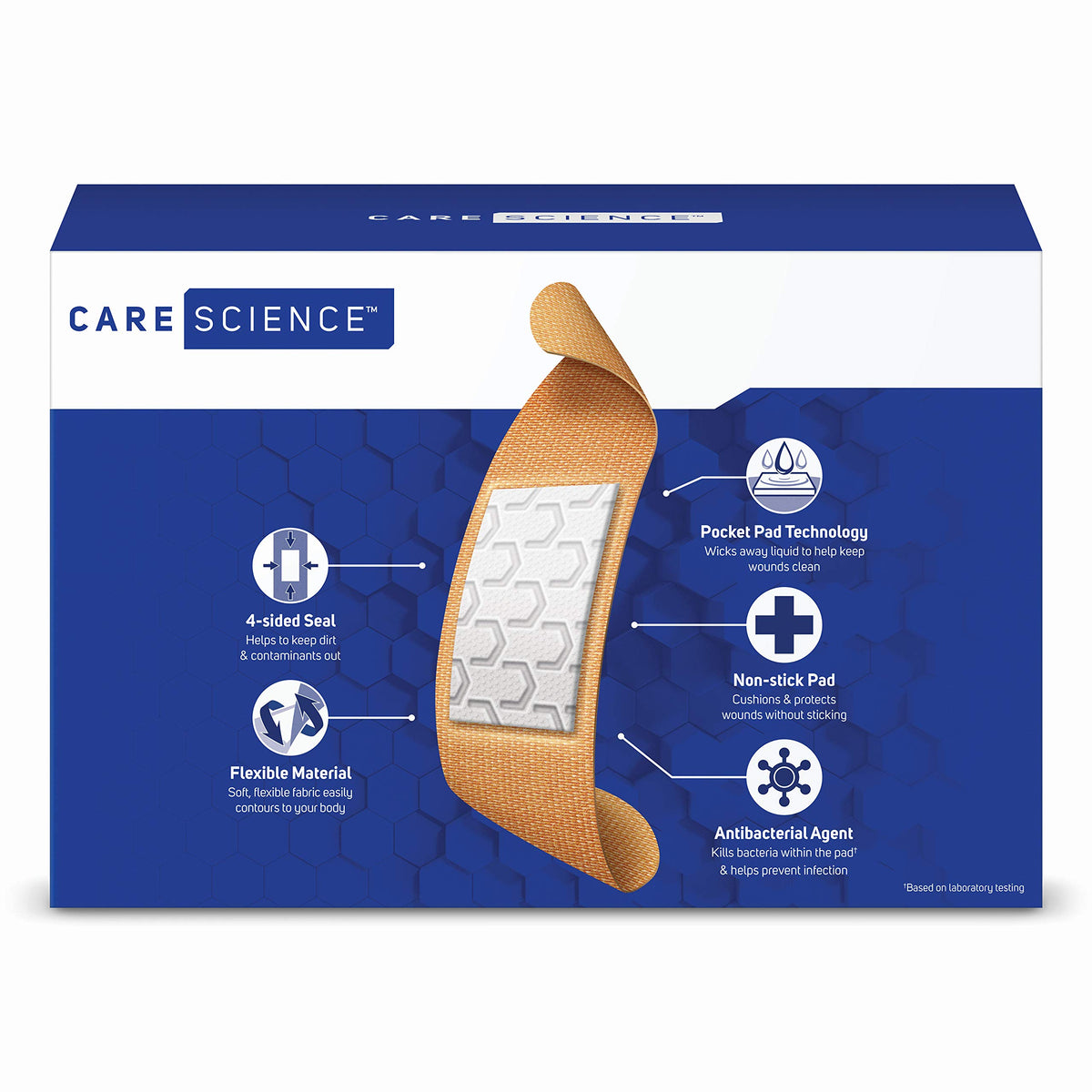 Care Science Fabric Adhesive Bandages in official packaging, featuring antibacterial agent and non-stick pad for optimal protection. Available at Curat Cart.