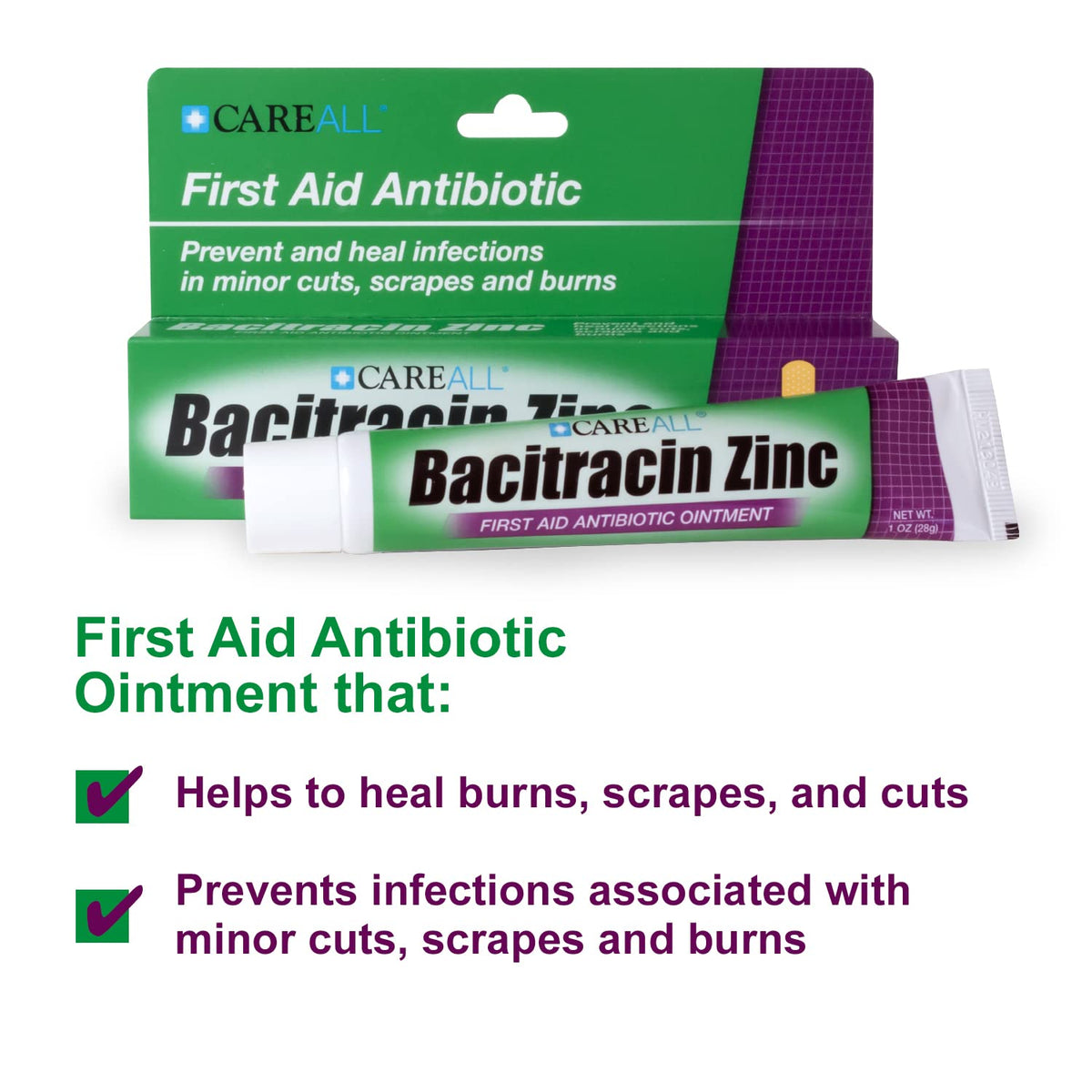CareAll Bacitracin Antibiotic Ointment in official packaging, helps heal burns, cuts, and scrapes effectively. Available at Curat Cart.