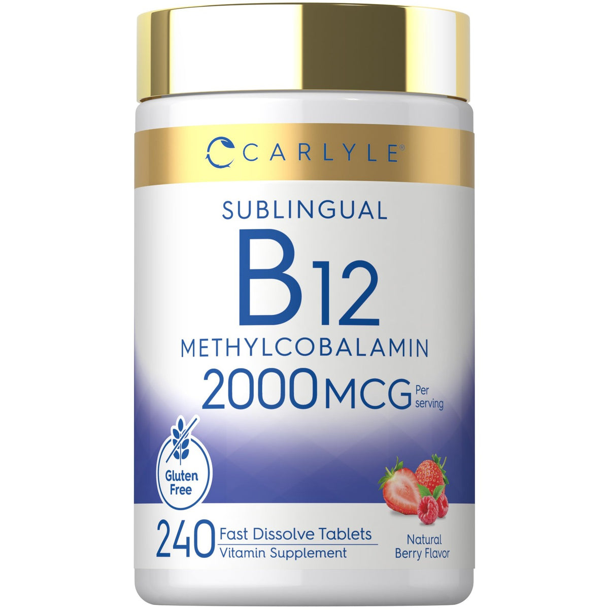 Carlyle B12 Vitamin, a premium imported sublingual supplement offering 2000MCG of methylcobalamin in natural berry flavor, available at Curat Cart.