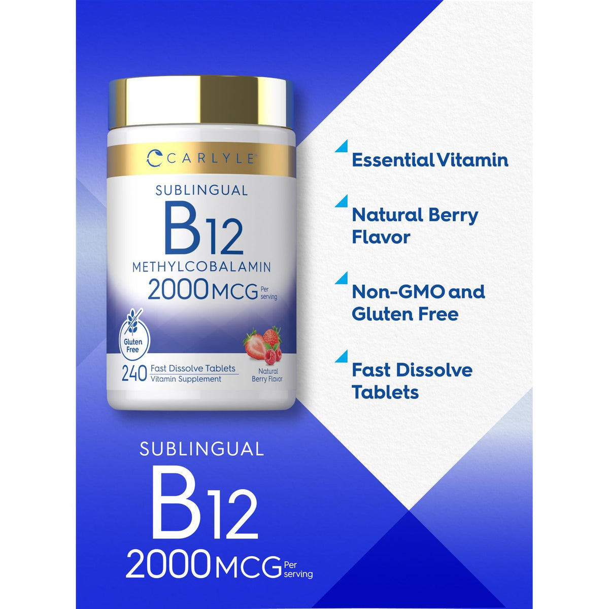 Carlyle B12 Vitamin in berry flavor, 2000MCG per serving, specially curated by Curat Cart for health enthusiasts in India.
