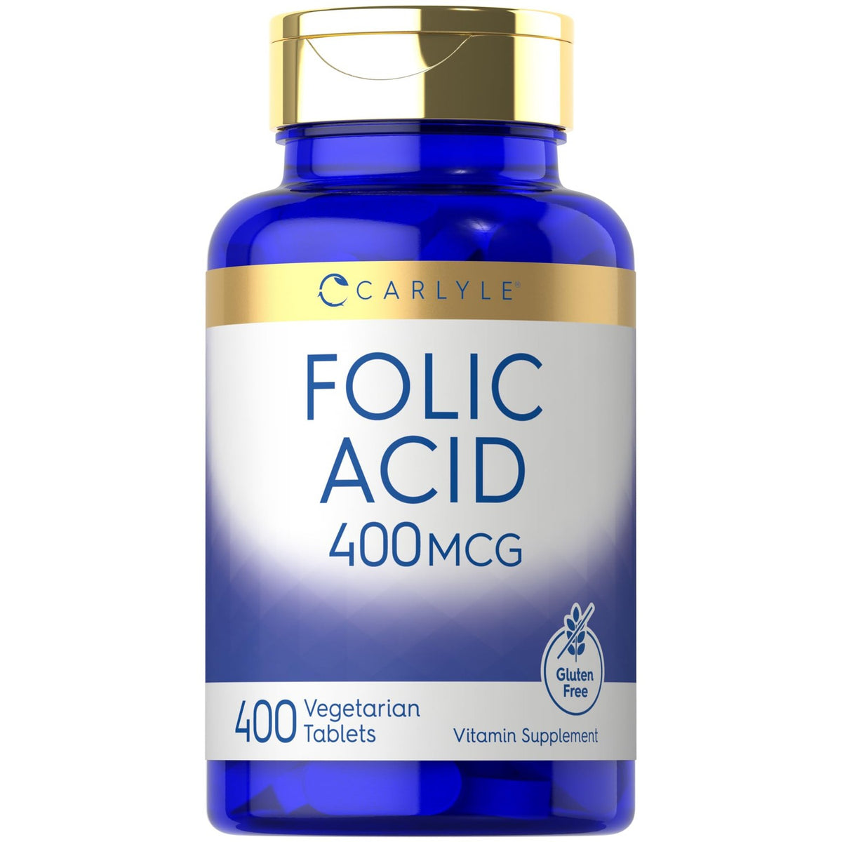 Premium imported Carlyle Folic Acid 400 mcg, a gluten-free vitamin supplement with 400 vegetarian tablets, available at Curat Cart.