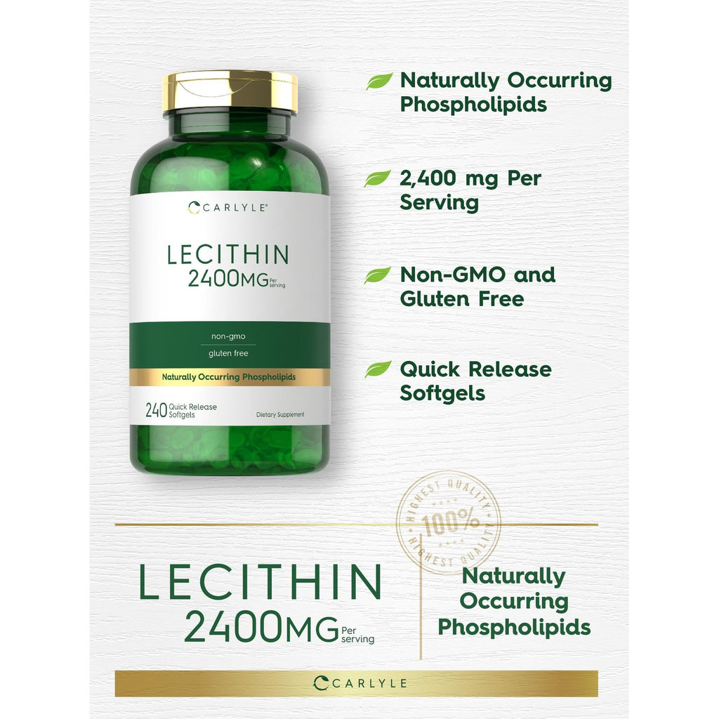 Carlyle Lecithin Supplement in official packaging, featuring 2400MG per serving, non-GMO and gluten-free. Available at Curat Cart.