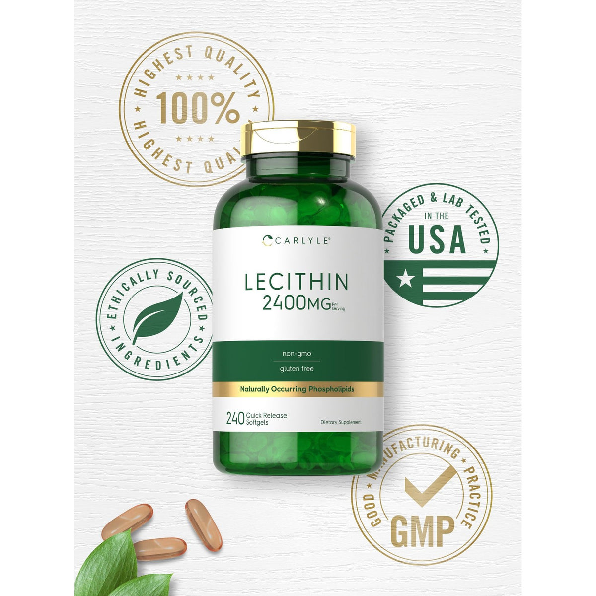 Carlyle Lecithin 2400mg supplement in a green bottle, ideal for daily use to support health. Available at Curat Cart.