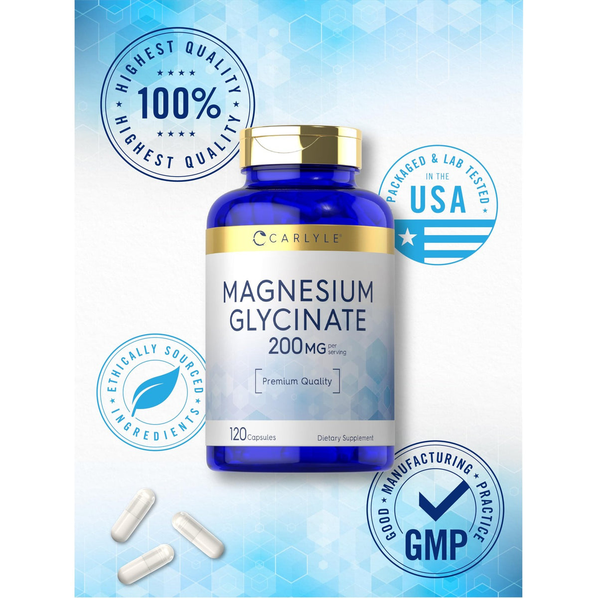 Carlyle Magnesium Glycinate 200mg capsules, a premium import from the USA, available at Curat Cart for quality dietary support.