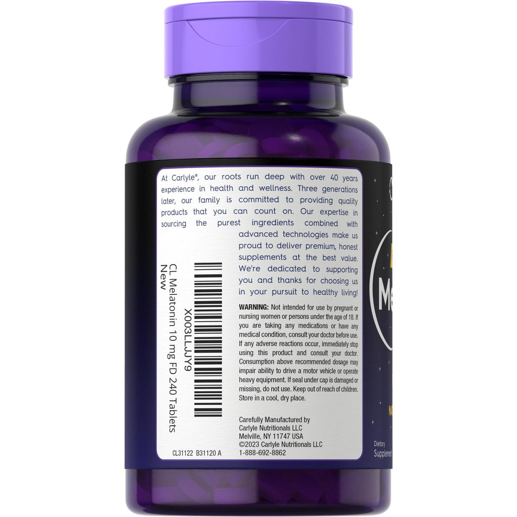 Carlyle Melatonin Fast Dissolve Tablets in official packaging, showcasing quality ingredients for restful sleep. Available at Curat Cart.