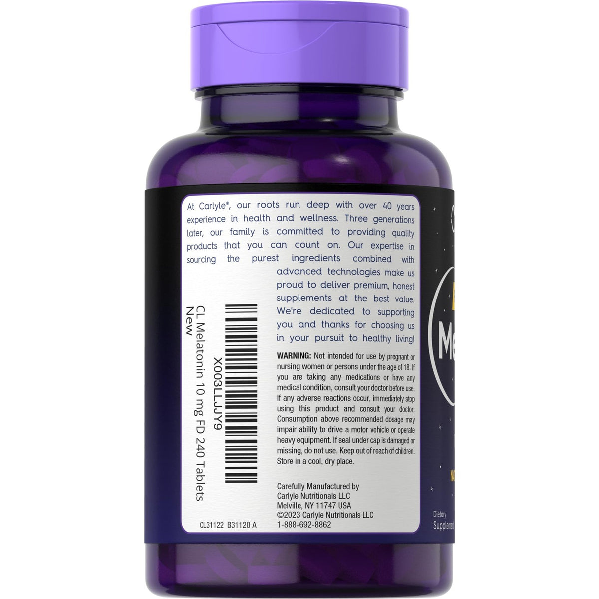 Carlyle Melatonin Fast Dissolve Tablets in official packaging, showcasing quality ingredients for restful sleep. Available at Curat Cart.