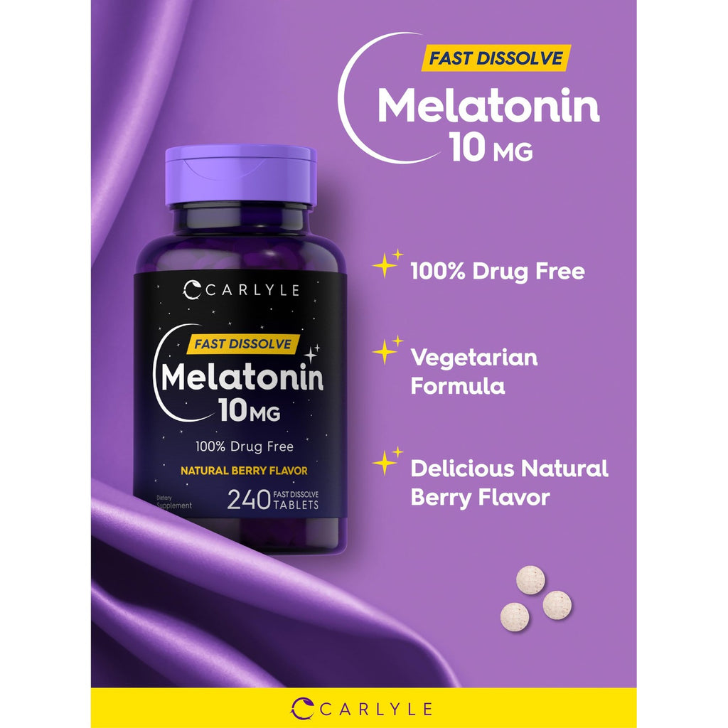 Carlyle Melatonin Fast Dissolve Tablets, 10 mg, vegetarian, natural berry flavor, exclusively from Curat Cart. Experience restful sleep.