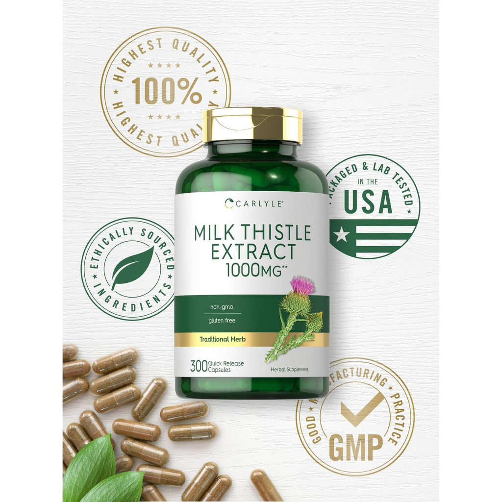 Carlyle Milk Thistle Capsules, 1000mg, 300 count, ethically sourced, perfect for daily use. Available at Curat Cart.