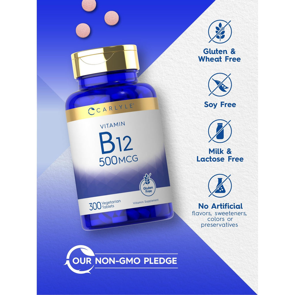 Carlyle Vitamin B-12 500MCG, specially curated by Curat Cart, gluten-free, vegetarian, and non-GMO. Boost your health today.