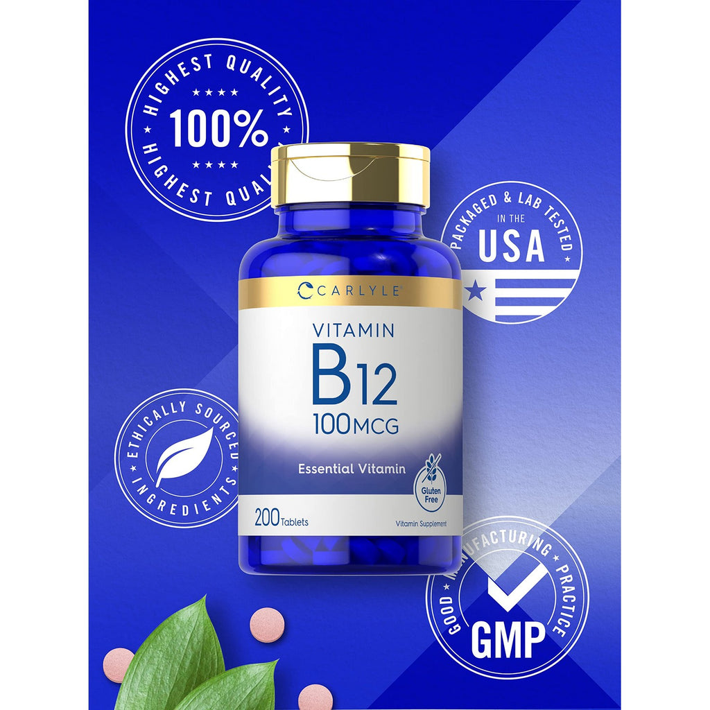 Carlyle Vitamin B12 Supplement, 100 MCG, 200 tablets. Perfect for daily use to boost energy levels. Available at Curat Cart.
