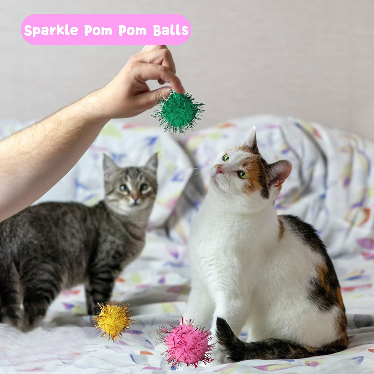 Engaging cat toys for indoor cats, featuring colorful sparkle pom pom balls. 100% Authentic and available at Curat Cart.