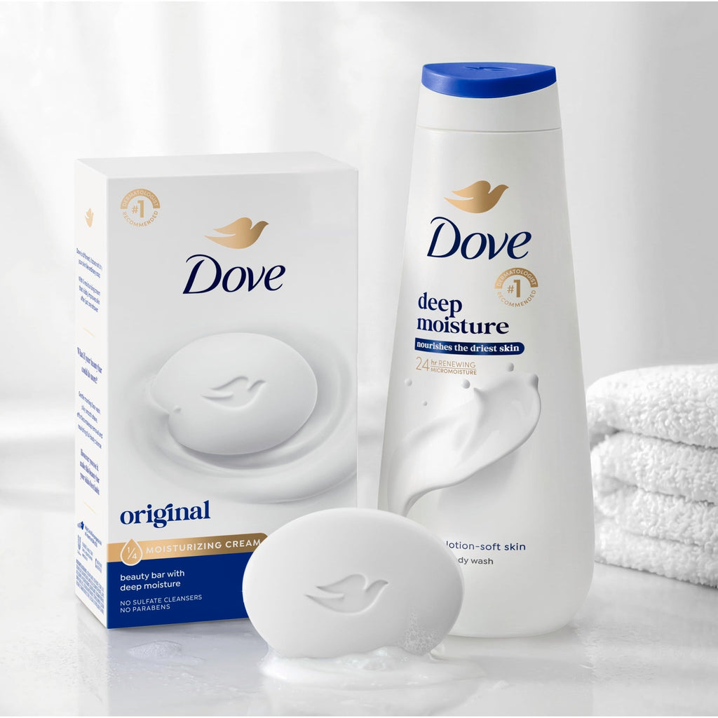 Dove Original Beauty Bar Soap, pack of 3, premium moisturizing cream for soft skin. A global favorite for gentle cleansing.