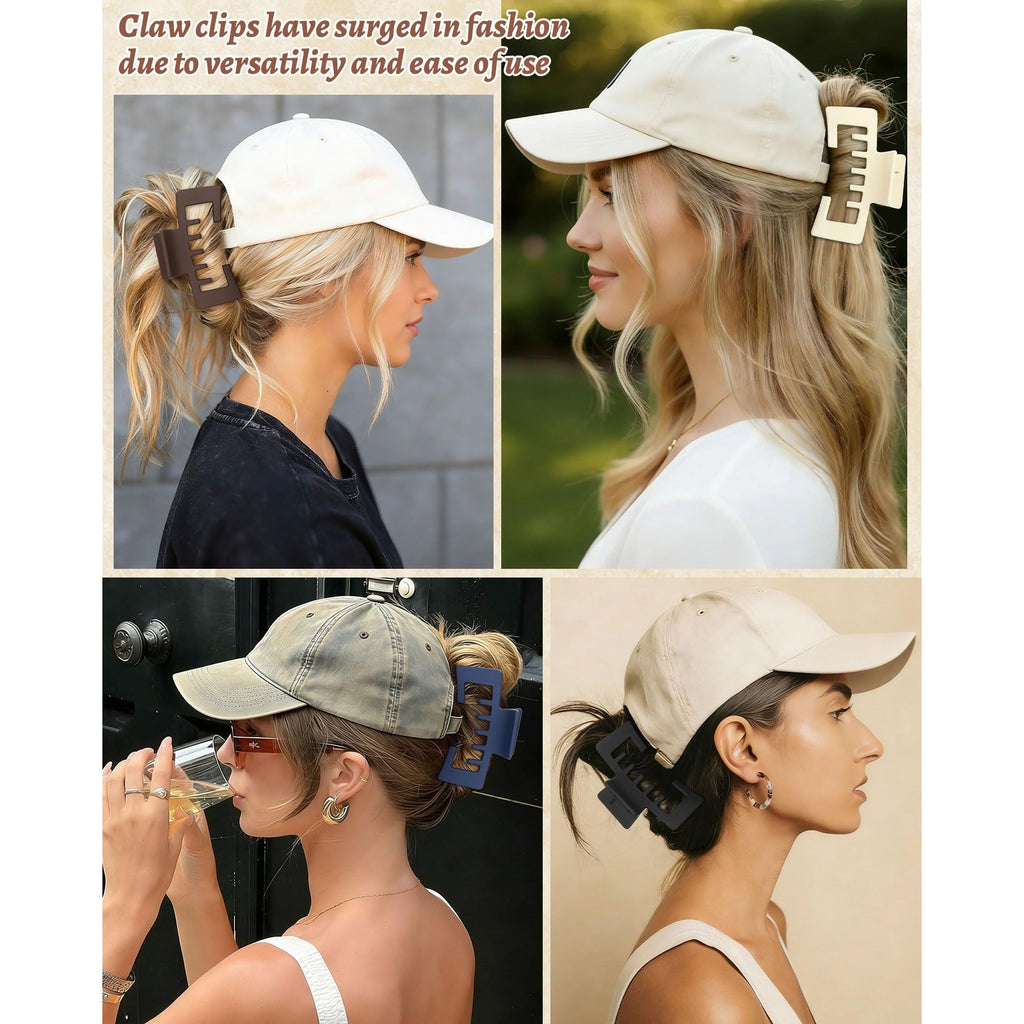 Stylish claw clips for baseball caps shown in various styles. Order online now for versatile hair solutions!