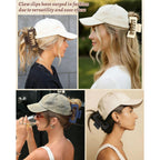 Stylish claw clips for baseball caps shown in various styles. Order online now for versatile hair solutions!