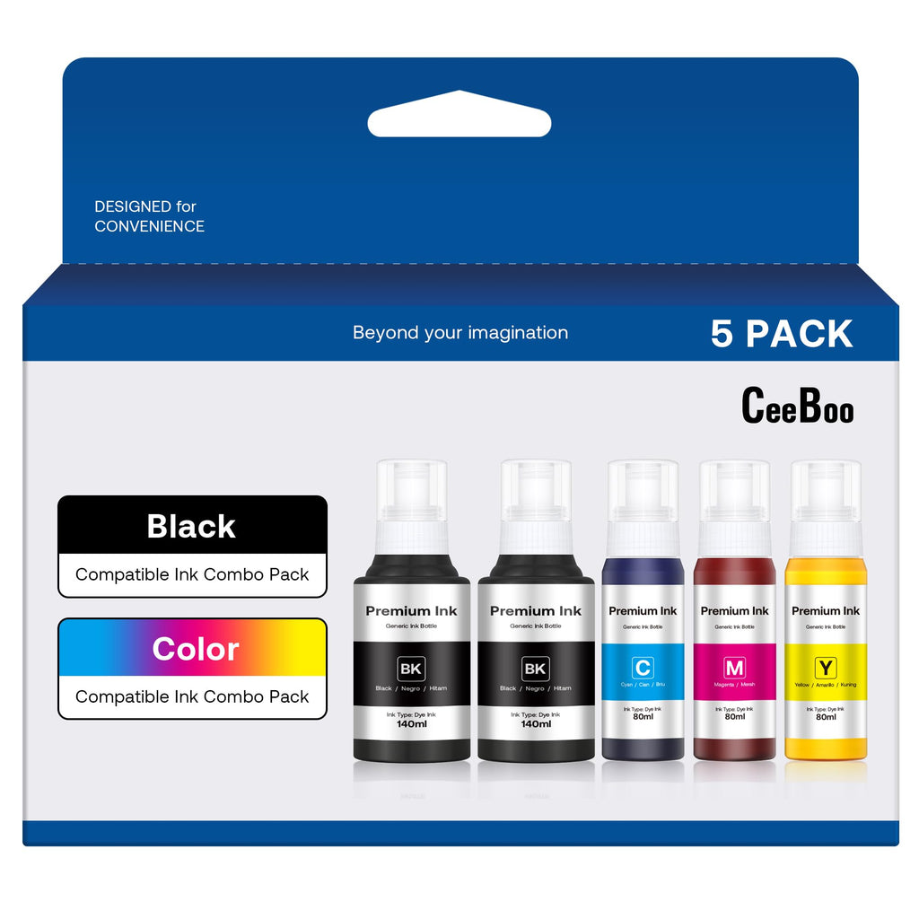 Premium imported CEEBOO Ink Bottle Replacement for Epson, featuring a 5-pack combo of vibrant colors. Available at Curat Cart.