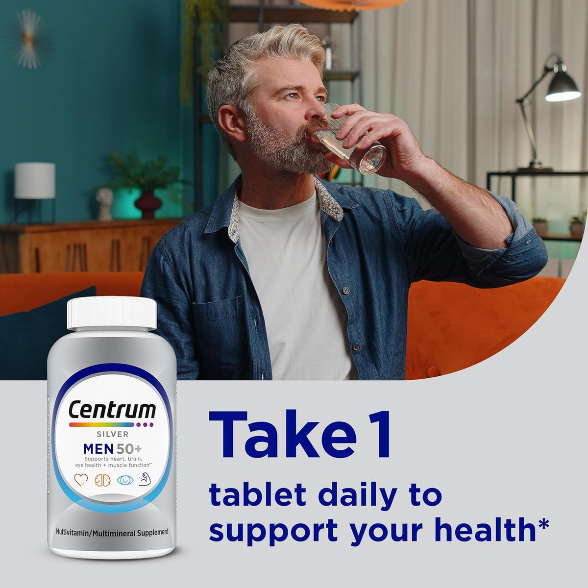 Centrum Silver Men's Multivitamin bottle with a man enjoying a drink, promoting daily health support for men over 50.