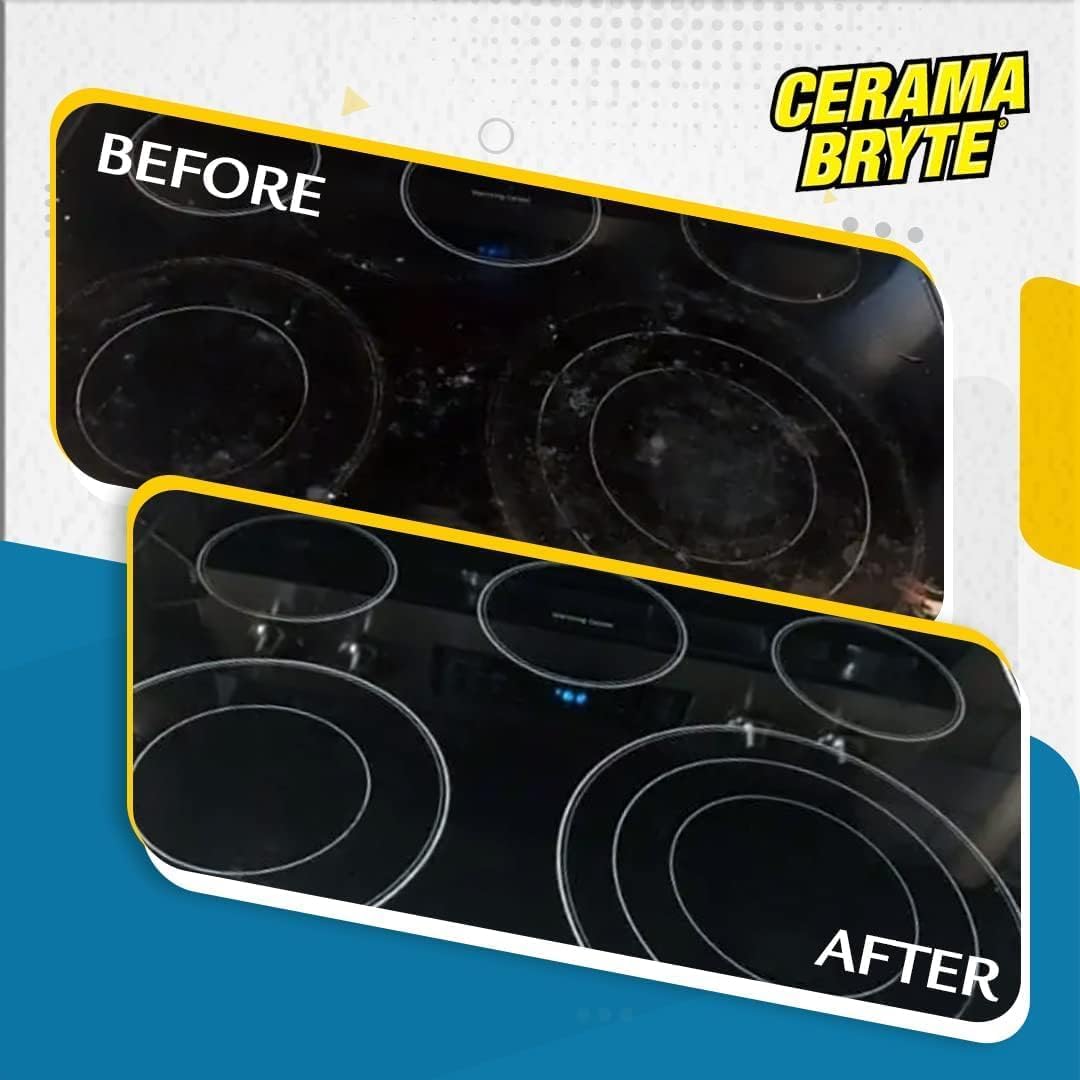 Transform your surfaces with Cerama Bryte Cleaning Pads, showcasing superior cleaning results in official packaging. Available at Curat Cart.