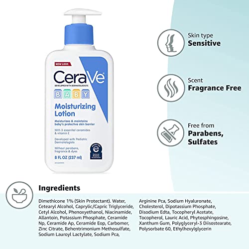 CeraVe Baby Moisturizing Lotion, a premium imported product, hydrates sensitive skin without fragrance or parabens. Available at Curat Cart.