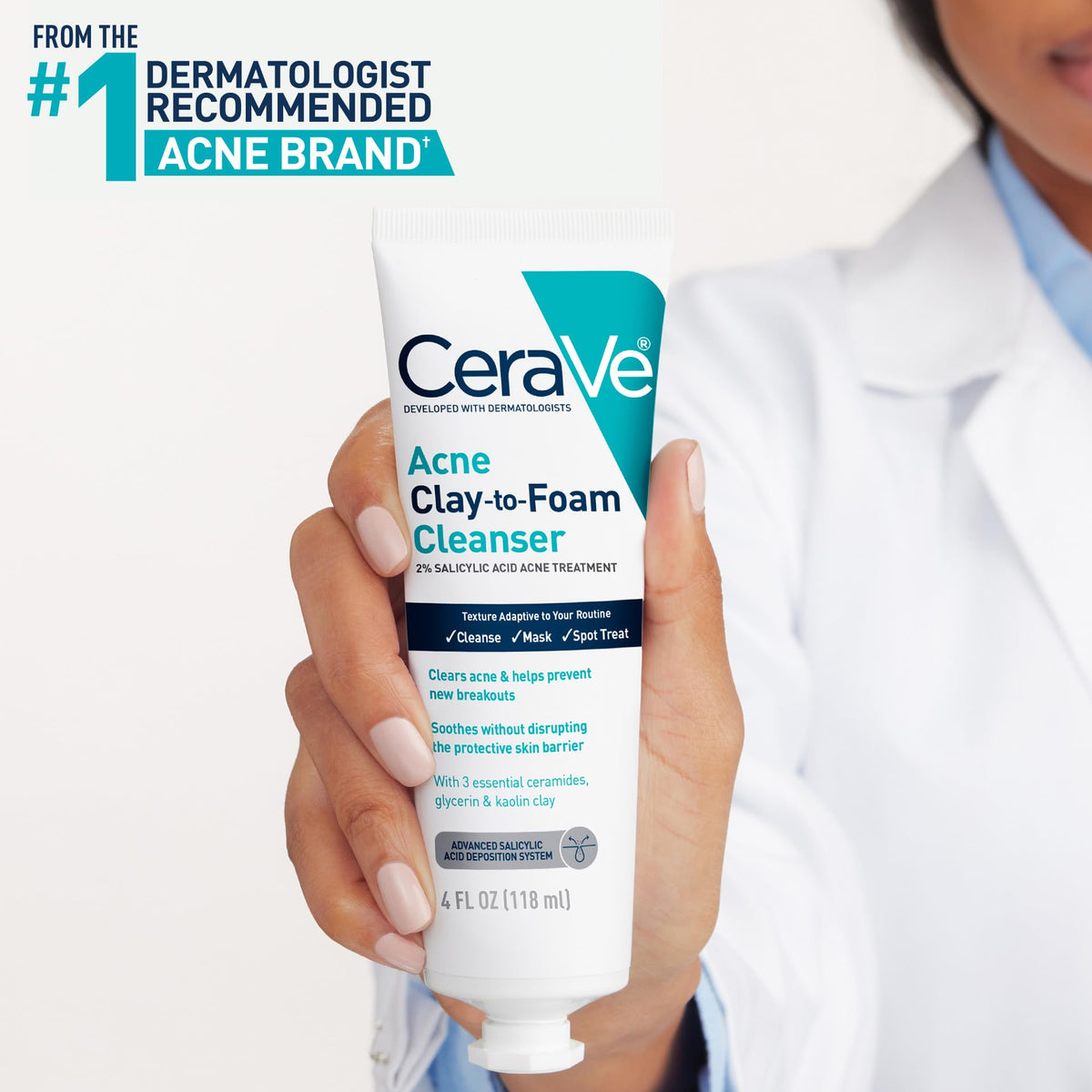 CeraVe Clay To Foam Acne Wash - Side Profile & Box Packaging | original imported packaging available on Curat Cart India