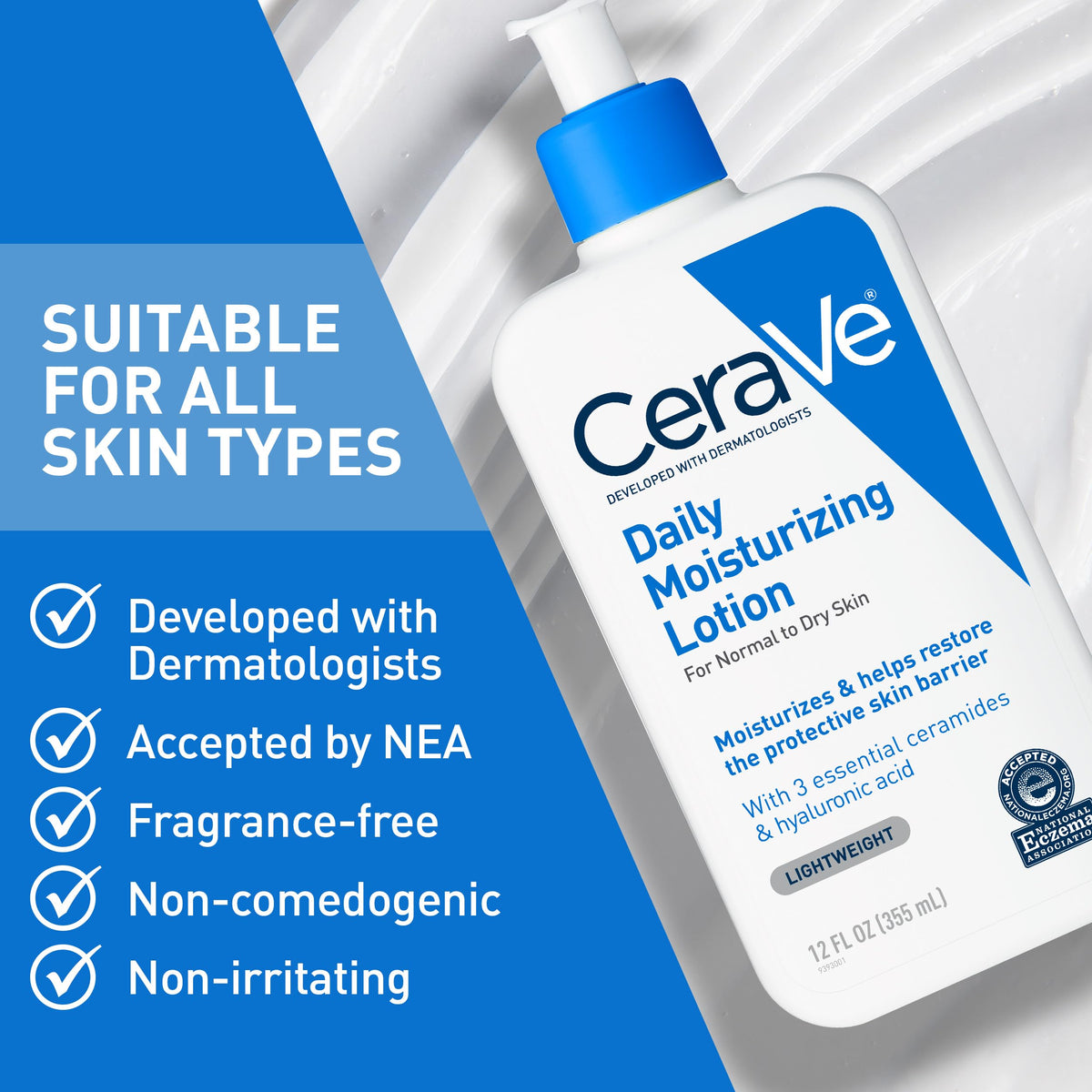CeraVe Daily Moisturizing Lotion in original packaging, suitable for all skin types, dermatologist-developed and fragrance-free.