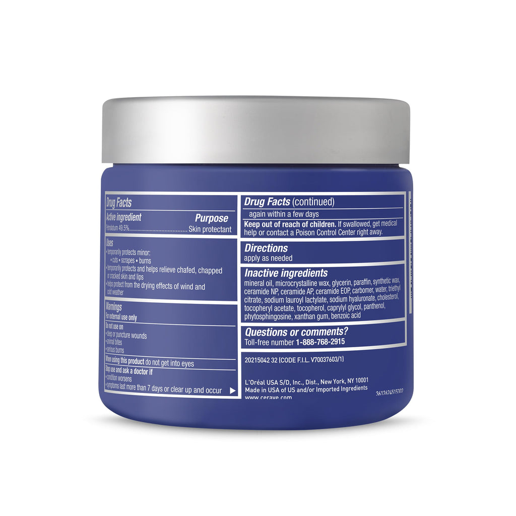CeraVe Healing Lip Balm jar with detailed ingredient list, designed for hydration and skin protection.