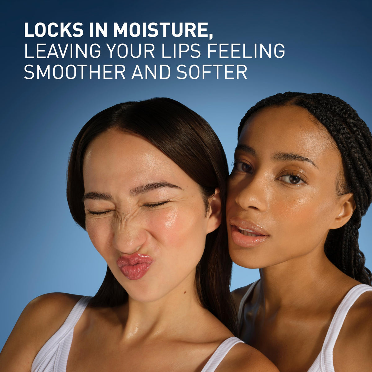 Professional shot of two women demonstrating CeraVe Healing Lip Balm's hydrating benefits for smoother, softer lips.