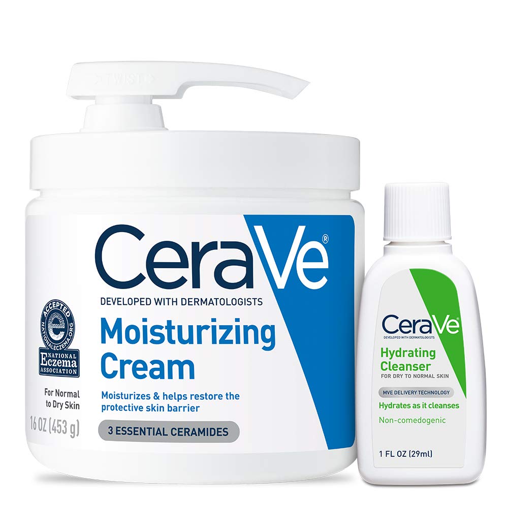 CeraVe Moisturizing Cream and Hydrating Cleanser duo, designed for normal to dry skin, promoting hydration and skin barrier restoration.