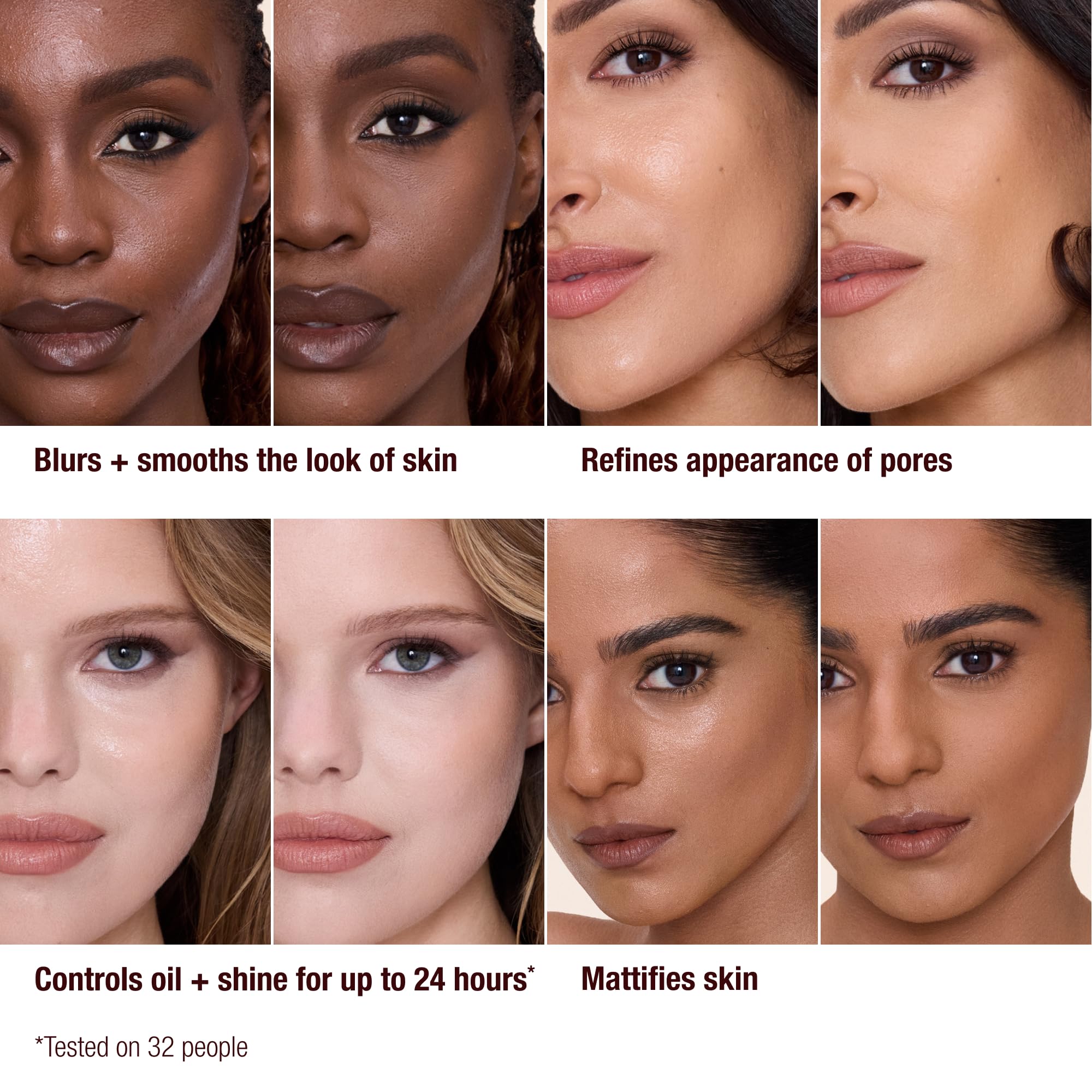 Authentic Charlotte Tilbury Airbrush Flawless Matte, showcasing diverse skin tones with blurred pores and matte finish.