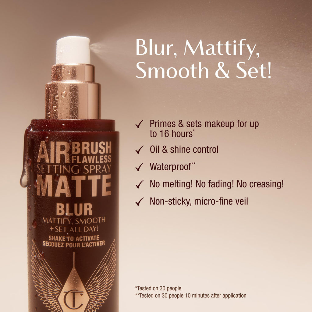 Charlotte Tilbury Airbrush Flawless Matte Setting Spray primes, mattifies, and controls shine. Available for online order in India.