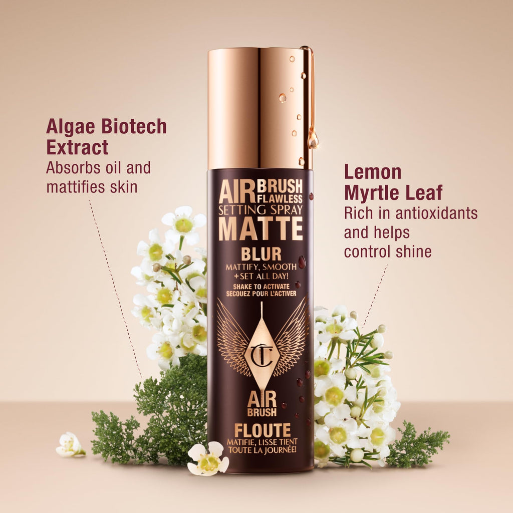 Charlotte Tilbury Airbrush Flawless Matte Setting Spray with algae biotech extract and lemon myrtle leaf. Verified by CuratCart.