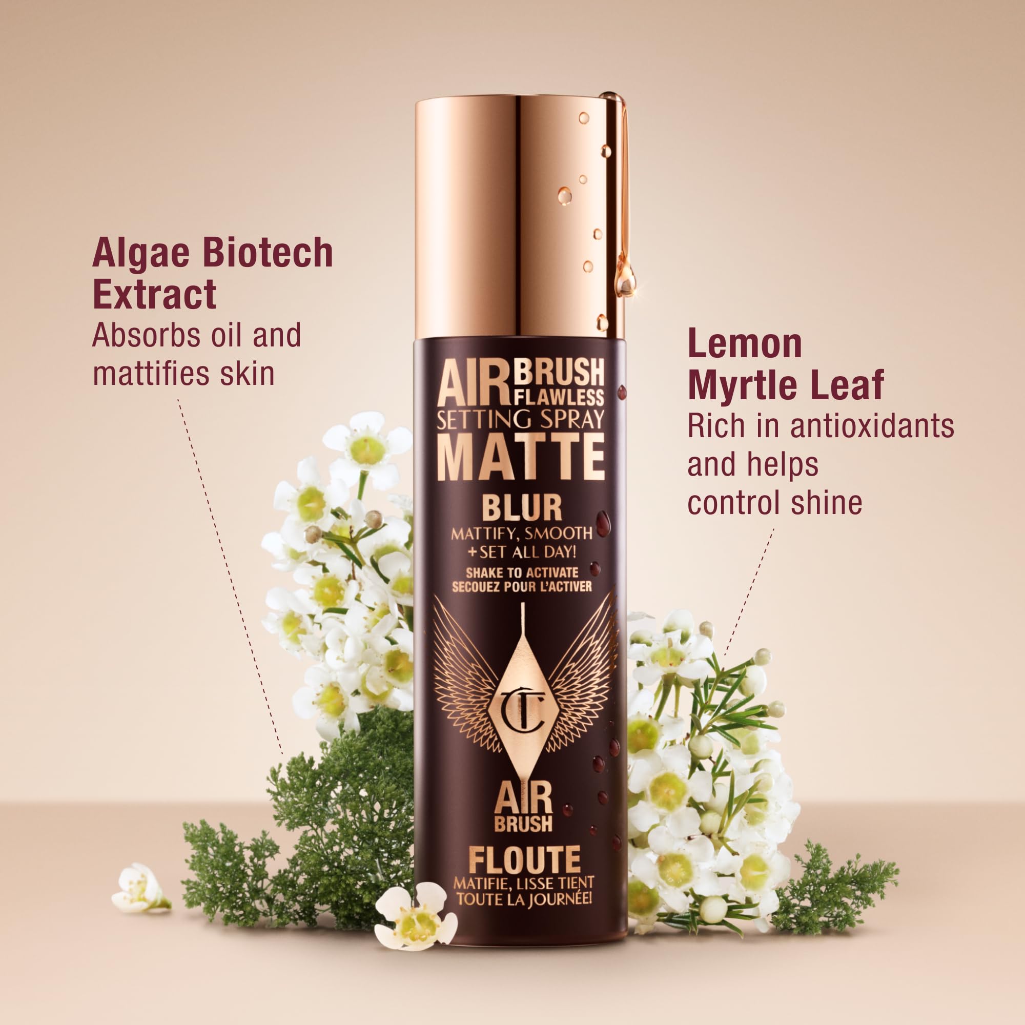 Charlotte Tilbury Airbrush Flawless Matte Setting Spray with algae biotech extract and lemon myrtle leaf. Verified by CuratCart.