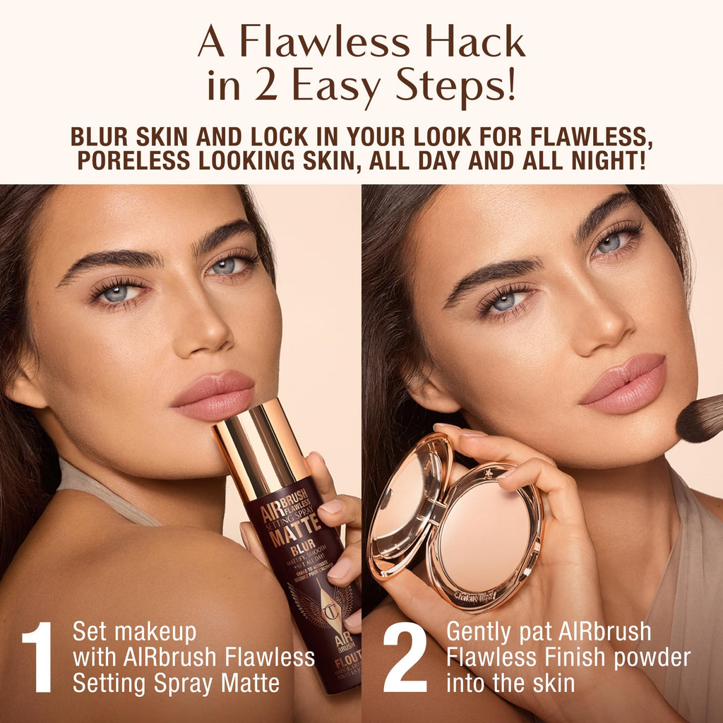 Authentic Charlotte Tilbury product showcasing a flawless skin routine with setting spray and finishing powder.