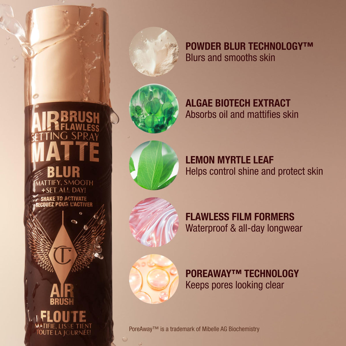 Charlotte Tilbury Airbrush Flawless matte spray features blur technology, algae extract, and long-lasting formula. Verified by CuratCart.