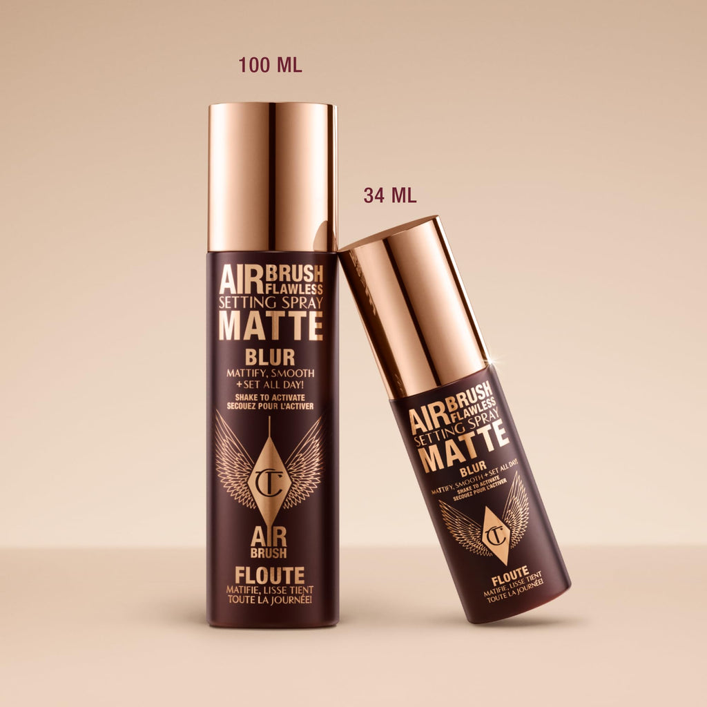 Charlotte Tilbury Airbrush Flawless Matt Setting Spray in two sizes, luxurious packaging, perfect for a smooth, matte finish.