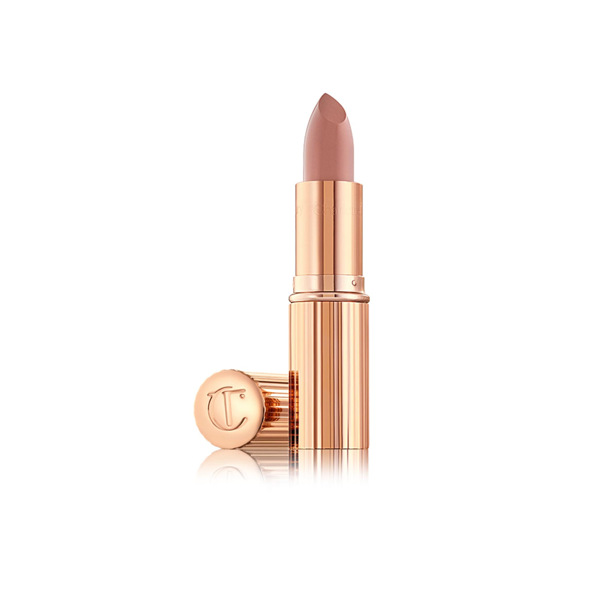 Luxury Charlotte Tilbury K.I.S.S.I.N.G Lipstick in elegant gold packaging, showcasing a creamy, nude-pink shade.