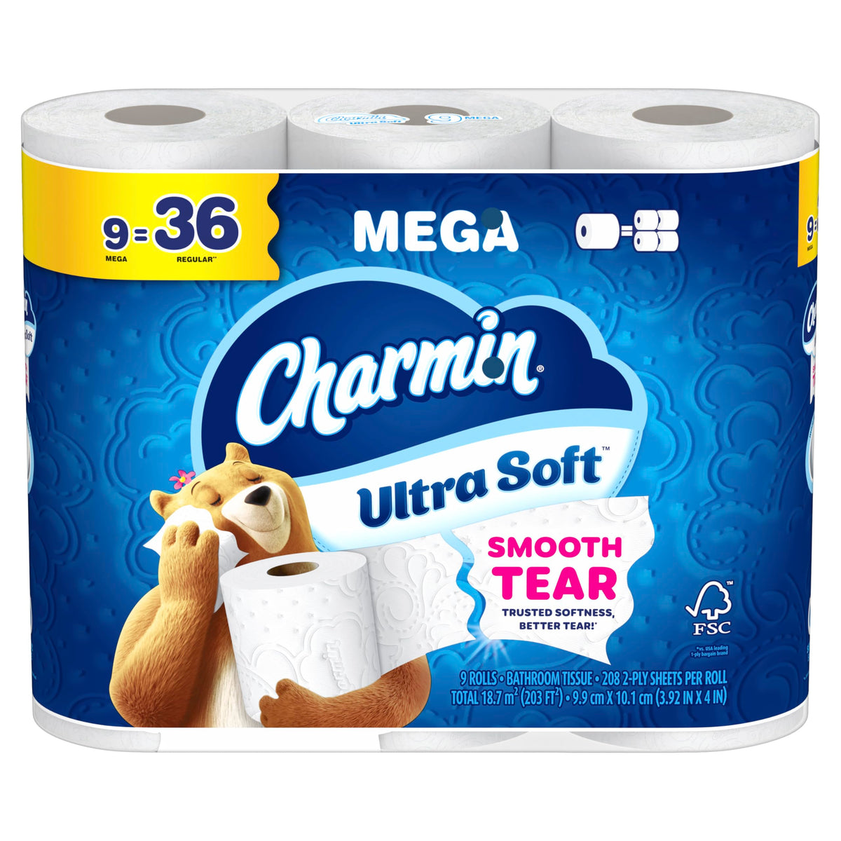 Charmin Ultra Soft Toilet Paper, a premium import with 9 rolls, offers trusted softness and smooth tear. Available at Curat Cart.
