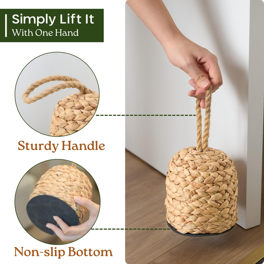 Stylish CHI AN HOME water hyacinth door stop with sturdy handle and non-slip bottom, available at Curat Cart.