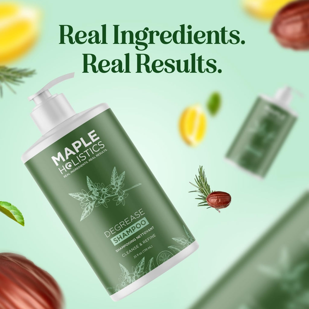 Maple Holistics Degrease Shampoo, designed for oily hair and buildup, featuring real ingredients and a fresh aesthetic.