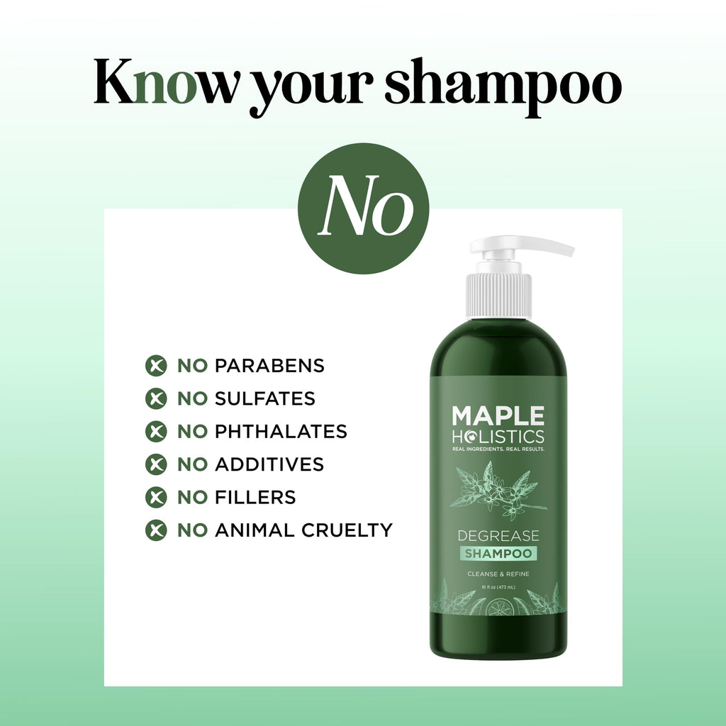 MAPLE HOLISTICS Degreease shampoo removes build-up, oil, and impurities. No parabens, sulfates, or animal cruelty. Verified by CuratCart.