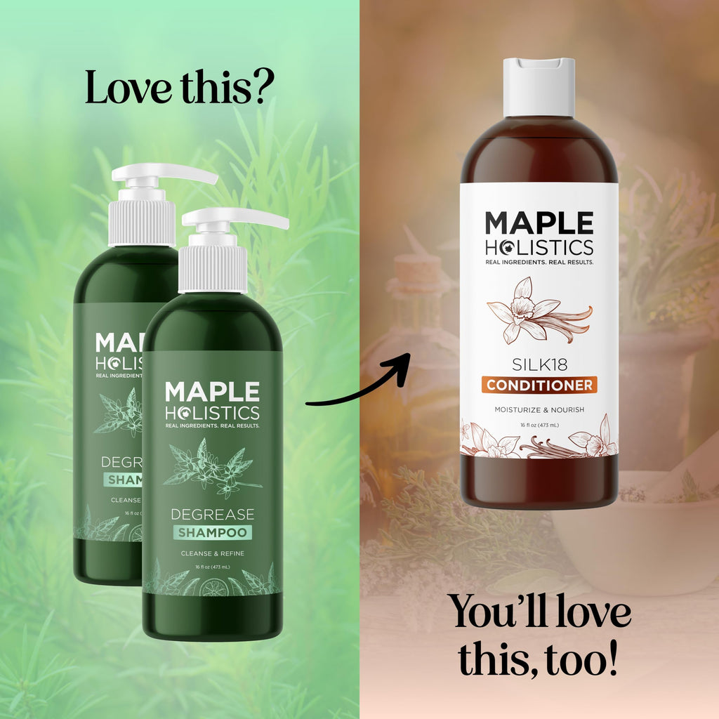 Discover Maple Holistics Degrease Shampoo for oily buildup. Available online. Cleanse and refine your hair today!