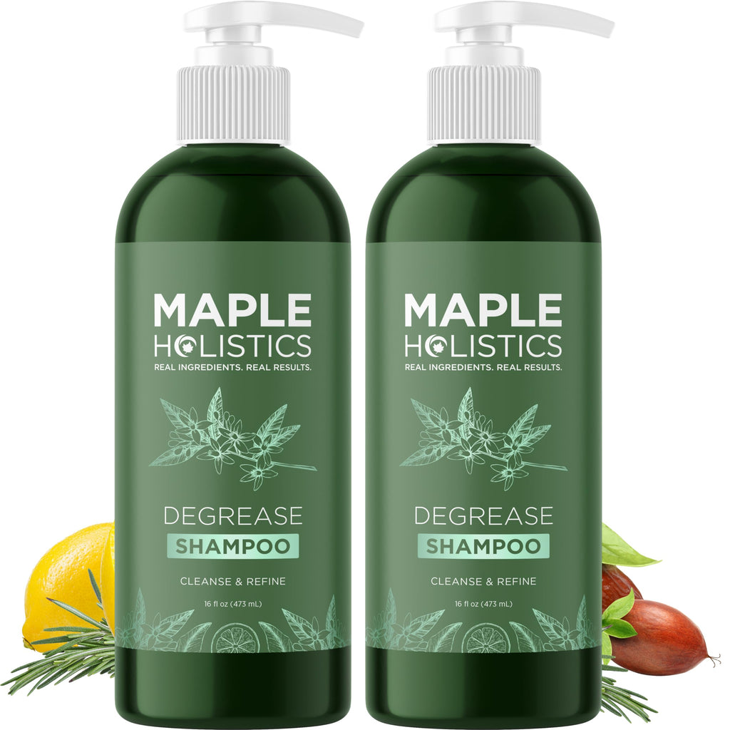 Maple Holistics Degrease Shampoo duo in original packaging. Formulated to cleanse and remove build-up, with natural ingredients.