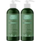 Two bottles of clarifying shampoo in green bottles, emphasizing buildup removal and formulated for oily hair.