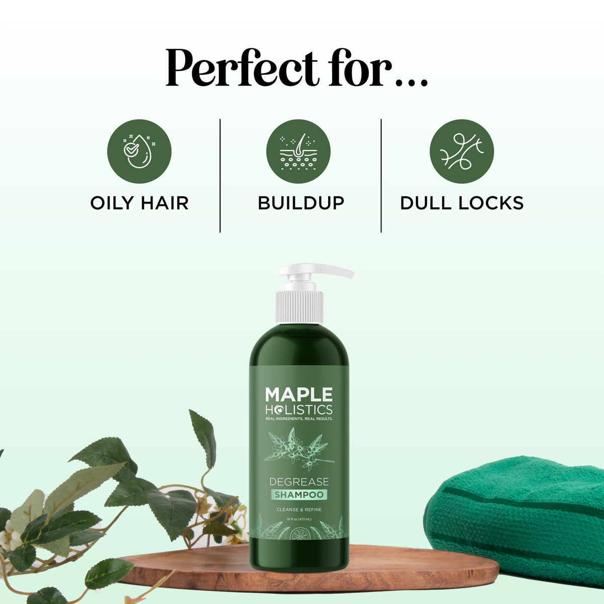 Maple Holistics Degrease Clarifying Shampoo targets oily hair, buildup, and dull locks. Original packaging and natural ingredients.